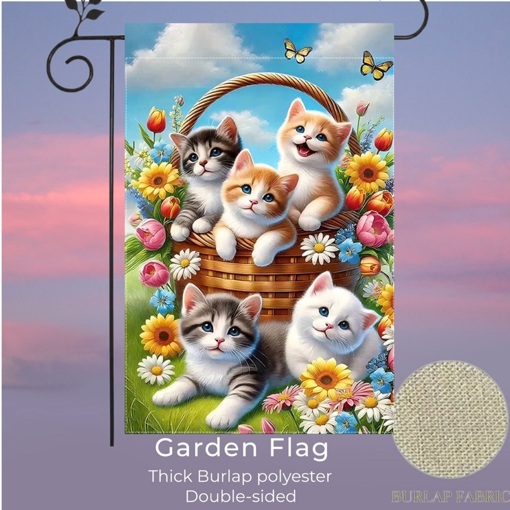 Garden flags 12”x18”, Kittens In A Basket, Thick Burlap Polyester Double-sided